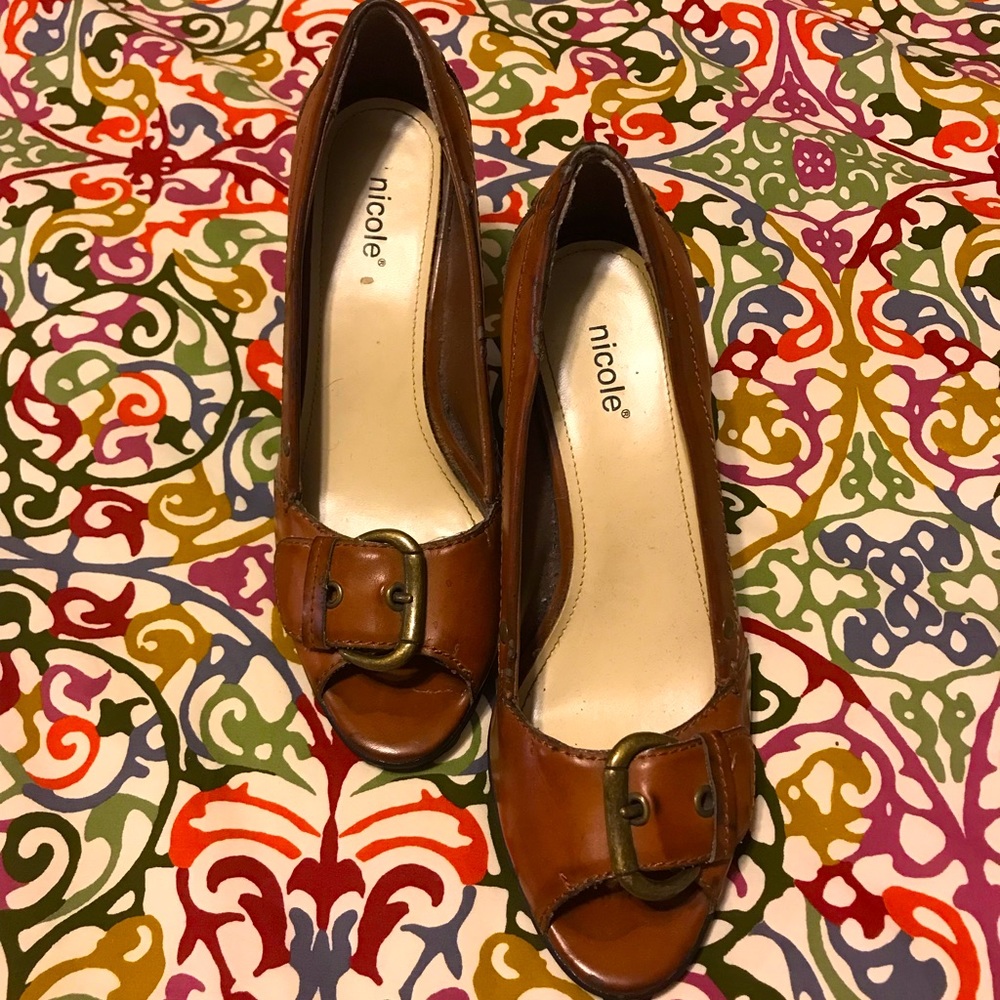 Brown Buckle Stacked High Heels